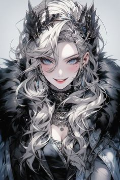 an anime character with long white hair and black fur on her head, wearing a crown