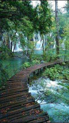 a wooden bridge over a stream in the woods with waterfalls and trees around it