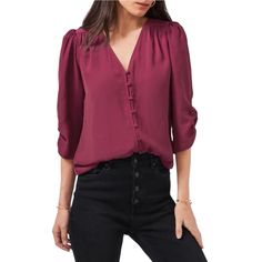 Brand New With Tags - Never Worn! Three-Quarter Sleeves That Are Ruched And Slightly Puffed Enhance The Effortless Sophistication Of A Button-Front Blouse Topped With A Flattering V-Neck. Size M=8-10 Color: Ruby Plume 23 1/2" Length (Size Medium) Front Button Closure V-Neck Three-Quarter Sleeves 100% Polyester Bundle With Items From My Closet And Receive Special Discount! 5 Ratings/Posh Ambassador Same/Next Day Shipping (Weekend Lag) Trendy Business Casual Tops With Buttons, Trendy Business Casual Buttoned Tops, Business Casual V-neck Top With Buttons, Versatile Button Blouse For Business Casual, Three Quarter Sleeves, Three Quarter, Ruby, Top Blouse, Womens Tops