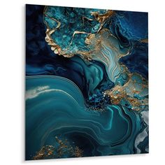 an abstract painting with blue and gold colors on the canvas, it looks like fluid paint