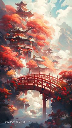 a painting of a bridge over water with red trees and clouds in the sky above