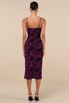 Your admirers will be wrapped around your finger in the Lulus Decadent Flirt Purple Mesh Velvet Ruched Bodycon Midi Dress! A black, velvet floral design adorns stretchy mesh knit as it shapes adjustable spaghetti straps, a sweetheart neckline, and a ruched, bustier-style bodice with supportive boning. High, fitted waist sits atop a bodycon midi skirt with flattering ruching throughout and a flirty side slit. Hidden back zipper/clasp. Fit: This garment fits true to size. Length: Mid-calf length. Size medium measures 40.25" from adjustable straps to hem. Bust: Great for any cup size. Waist: Fitted - very fitted at natural waist. Hip: Fitted - stretchy fabric allows room for hips. Undergarments: May be worn with a strapless bra, adhesive bra, petals, or no bra. Fabric: Fabric is very stretchy Mesh Midi Dress, Bodycon Midi Skirt, Adhesive Bra, Bodycon Midi Dress, Bodycon Midi, Strapless Bra, Midi Dress Bodycon, Sweetheart Neckline, Black Velvet