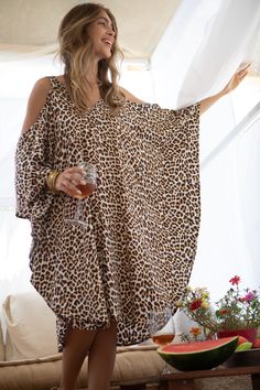 "An Oversized Leopard Beach Short Dress, with Open Shoulder and Open Back, the perfect Women Holiday-Beach-Dress, Boho Chic and trendy - Our \"Michelle\" Dress This Oversized Caftan dress is Inspired by Moroccan Kaftan - Galabeya. Can be an Elegant chic dress for a special occasion, an everyday dress or a great dress for a summer holiday... With sleeves vents for free movement and comfort and can be transformed for any occasion from casual to Special Occasion. The dress is made of Rayon, light, Beach Short Dress, Short Kaftan Dress, Short Beach Dresses, Beach Holiday Dresses, Short Kaftan, Moroccan Kaftan, Everyday Dress, Free Movement, Western Outfits Women