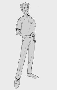 a drawing of a man standing with his hands in his pockets and wearing a polo shirt