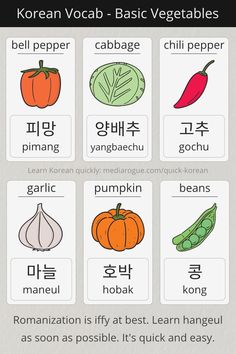 korean food stuff Korean Veggies, Pepper Cabbage, Japanese Vocab, Top 10 Healthy Foods, Japan Language, Learn Basic Korean, Learn Korean Alphabet, All About Me Preschool