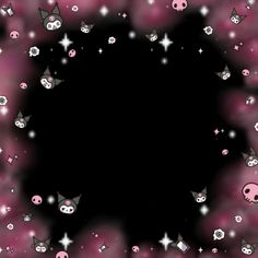 a black background with pink and white skulls, stars and other items in the shape of a circle