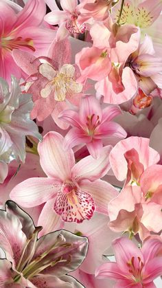 pink and white flowers are arranged together in this artistic photo, which is very detailed