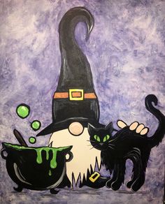 two black cats sitting next to each other on top of a purple background with a witches hat