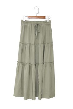 Green Solid Layered Ruffled Drawstring High Waist Maxi Skirt Solid Color Tiered Bottoms For Summer, Tiered Bottoms For Summer, Summer Tiered Maxi Skirt With Drawstring, Spring Tiered Maxi Skirt With Drawstring, High Waist Maxi Skirt, High Waisted Maxi Skirt, Petticoat, Maxi Skirt, High Waist