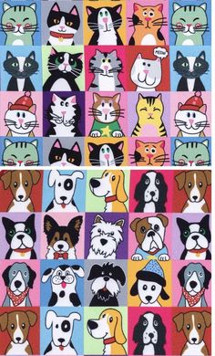 many different dogs and cats are depicted in this colorful pattern on the fabric, which is very similar to each other