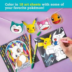 the pokemon coloring book is being displayed with markers and crayons to draw it