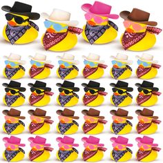 a bunch of hats and sunglasses on top of each other in different colors, shapes and sizes