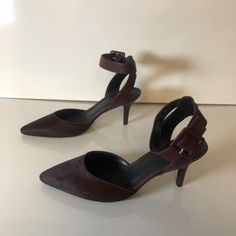 These Wine-Colored Svperrin Heels Feature A Sleek Design. The Combination Of Dyed Calf Fur And Leather Offers A Luxurious Feel, While The Ankle Strap Provides Security. Ideal For Formal Events Or Business Occasions, These Shoes Enhance Any Outfit With Sophistication And Style. Dyed Calf Fur Upper Leather Ankle Strap Buckle Closure Heel Height: Approx. 3.5 Inches Pointed Toe Design Box Included Measurements Heel To Toe: 10" Width: 3.5" Heel: 3.5" Thanks For Looking! Please Message If You Have Any Chic Burgundy Heels With Ankle Strap, Chic Burgundy Ankle Strap Heels, Burgundy Ankle Strap Heels With Wrapped Heel, Burgundy Heels With Wrapped Heel And Ankle Strap, Burgundy Ankle Strap Heels For Formal Occasions, Formal Burgundy Ankle Strap Heels, Elegant Ankle-high Burgundy Heels, Elegant Burgundy Ankle-high Heels, Burgundy Fitted Heels For Office