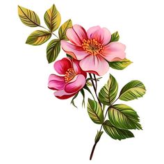 two pink flowers with green leaves on a white background