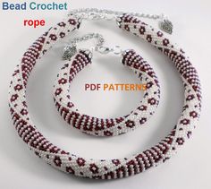 the bead crochet necklace and bracelet pattern is shown in red, white, and silver