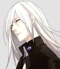 an anime character with long white hair and black shirt looking to his left, while he's staring at the camera