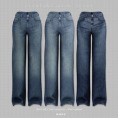 three pairs of jeans are shown with the words straight wide jeans on each side and bottom