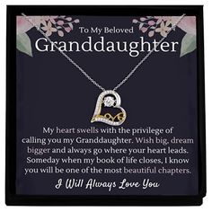 PRICES MAY VARY. A beautiful Gift for granddaughters: The stunning heart necklace for that special granddaughter is made of sterling silver with gold and rhodium plating; this women's sterling silver necklace is made from high quality cubic zirconia and 14k gold plated details and features a dancing crystal center. Granddaughters will love this gift from Grandma or Grandpa. This crystal necklace comes with a message card that says "My heart swells with the privilege of calling you my Granddaught Grandpa Granddaughter, To My Granddaughter, Granddaughter Birthday, Jesus Prayer, Grandma And Grandpa, Black Gift Boxes, Silver Heart Necklace, Always Love You, Quotable Quotes