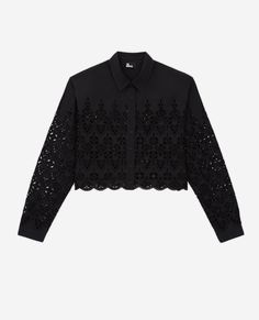 Short black shirt with broderie anglaise for women | The Kooples - US The Kooples, Modern Outfits, Scalloped Hem, Shirt Collar, Classic Shirt, Black Noir, Black Shirt, Outlet, Ready To Wear