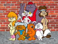 cartoon characters standing in front of a brick wall