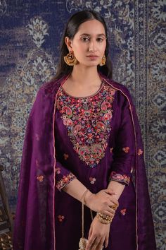 Purple straight kurta with floral resham and paisley embroidery on the neckline. Paired with a chanderi silk pant and dupatta. - Aza Fashions Semi-stitched Purple Kurta With Embroidered Border, Designer Purple Churidar With Intricate Embroidery, Intricate Embroidery Churidar In Jamawar, Unstitched Straight Kurta In Slub Silk With Intricate Embroidery, Unstitched Slub Silk Suit With Intricate Embroidery, Purple Salwar Kameez With Floral Embroidery For Diwali, Designer Jamawar Churidar, Festive Purple Salwar Kameez With Embroidered Border, Designer Purple Dupatta With Embroidered Border