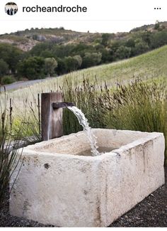 a water fountain in the middle of a field with tall grass and hills in the background