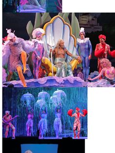 several photos of people dressed in costumes on stage, including clowns and jellyfish