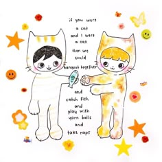 two cats are shaking hands with each other on a white background surrounded by stars and confetti