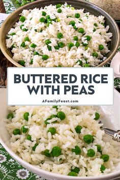 a bowl filled with rice and peas on top of a table