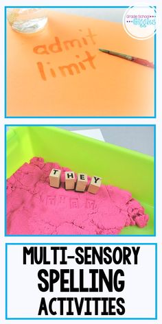 the words multi - sensory spelling activities are shown in three different pictures, including pink sand and