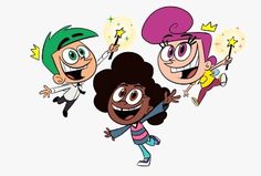 three cartoon characters with different expressions and hair, one is holding a sparkle wand while the other