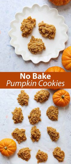 no bake pumpkin cookies on a white plate next to mini pumpkins and one is cut in half