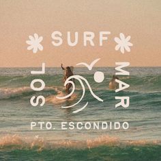 two surfers in the ocean on their surfboards with words above them that read, surf now