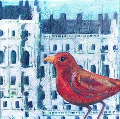 a painting of a red bird standing in front of a building with lots of windows