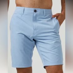 Size: 30 Color: Light Blue Nwt Blue Shorts With Comfort Waistband, Light Blue Cotton Shorts With Pockets, Blue Comfort Waistband Shorts, Blue Bermuda Shorts With Pockets, Blue Bottoms With Comfort Waistband, Blue Cotton Shorts With Comfort Waistband, Mid-rise Bottoms With Comfort Waistband For Summer, Fitted Blue Cotton Bermuda Shorts, Blue Cotton Bermuda Shorts