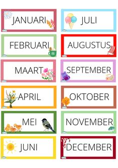 months of the year with birds, flowers and balloons on them in bright colors for children's learning