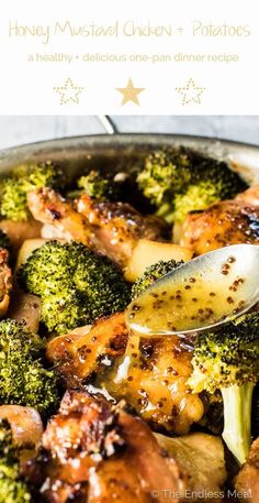 a pan filled with chicken and broccoli covered in gravy next to a spoon