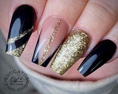 Black And Gold Sparkle Nails, Black Gold Silver Nails, Black And Gold Nails Design Classy, Black Gold Nails Designs, Black And Gold Nails Design, Black And Gold Nails Ideas, Black And Gold Nail Art, Black And Gold Nail Designs