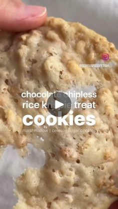 a person holding up a cookie with the words chocoor thinness rice treat cookies