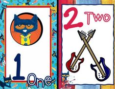 two children's books with pictures of cats and guitars