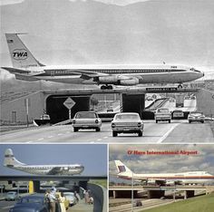 an old black and white photo shows cars, airplanes, and trucks