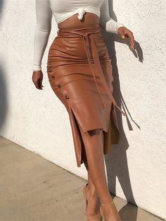 Rok Midi, Slim Fit Skirts, Brown Leather Skirt, Pu Skirt, Pu Leather Skirt, Bodycon Midi Skirt, Solid Skirt, Leather Midi Skirt, Split Skirt