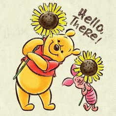 a winnie the pooh drawing with sunflowers