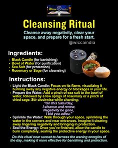 Start your weekend with a fresh, clean slate by performing this simple Saturday Cleansing Ritual. 🖤✨ Light a black candle, prepare a bowl of water with sea salt and rosemary, and sprinkle it around your space to banish negativity and bring in protective energy. This ritual harnesses the waning energies of Saturday to help clear away blockages and invite renewal into your life. 🌿🔥  How do you cleanse your space on the weekends? Spiritual Cleansing Bath, Banishing Ritual, Banish Negativity, Negative Energy Cleanse, Wiccan Illustration, Hoodoo Spells, Cleansing Ritual, Occult Science, How To Dry Sage