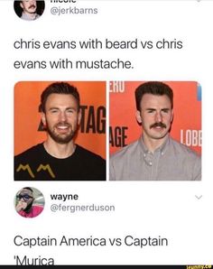 two men with beards and mustaches are on the same page, one has an image of captain america