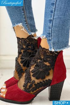 Lace Mesh Insert Chunky Heeled Boots Chunky Heeled Boots, Basic Shoes, Chunky Heel Sandals, Lace Heels, Black High Heels, Block Heels Sandal, Women's Summer Fashion, Chunky Heel