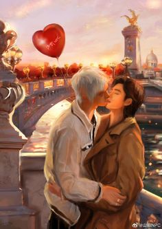 a painting of an older couple kissing in front of a bridge with a heart shaped balloon