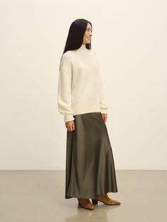 Bias-cut Korean silk skirt with an easy, uncomplicated fit. | Buck Mason Women's Sunset Silk Slip Skirt in Field Olive, Size XL Relaxed Silk Skirt For Fall, Relaxed Viscose Skirt For Fall, Jefferson White, Silk Slip Skirt, Buck Mason, Fall Outerwear, Italian Dress, Denim Short Dresses, Slip Skirt