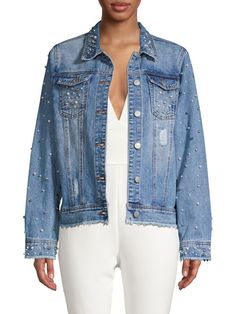 Lea & Viola Embellished Denim Jacket on SALE | Saks OFF 5TH Embellished Denim Jacket For Fall, Spring Beaded Denim Outerwear, Embellished Long Sleeve Denim Jacket For Fall, Long Sleeve Embellished Denim Jacket For Fall, Jackets For Summer, Double Denim Looks, Capsule Wardrobe Casual, Embellished Denim Jacket, Jackets Summer