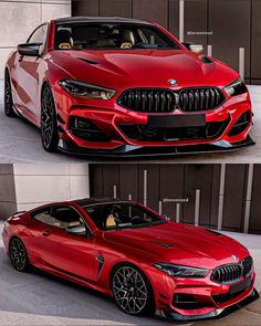 the new bmw concept car is shown in three different views, including red and black